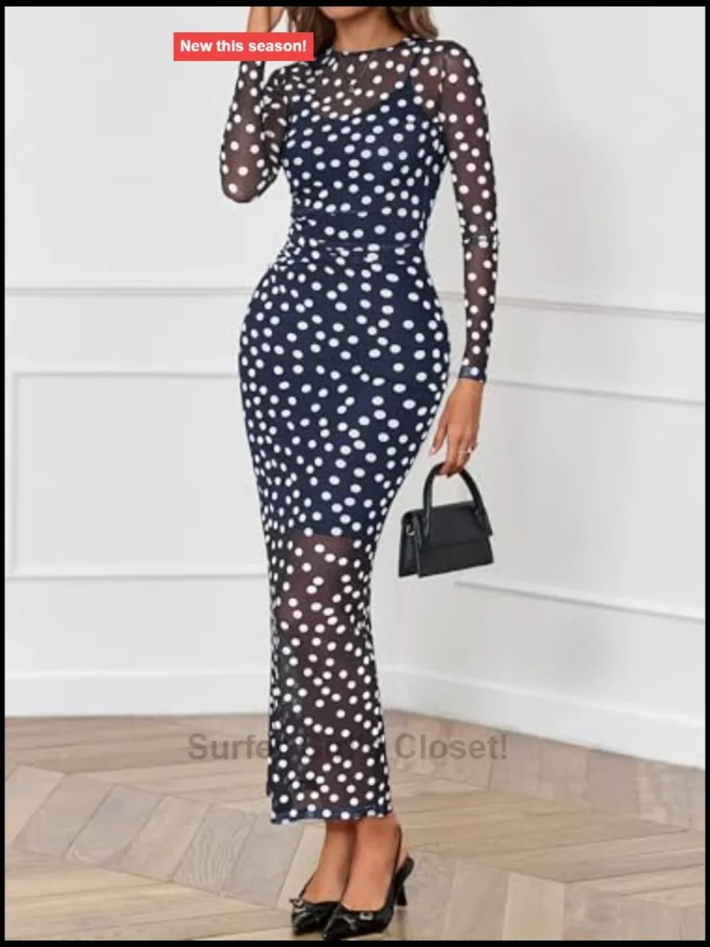 Polka Dot 2 Piece Set Long Sleeve Mesh Bodycon Dress with Slip Dress Party
